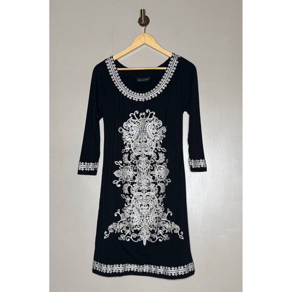 INC International Concepts Black Embroidered Shift Dress White Gold Size Small